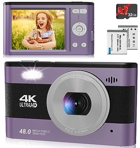 4K Compact Digital Camera with SD Card, 48MP Photo/ 4K Video 30FPS/ 2.8”HD Screen/ 18X Zoom, Camera Beginners for Kids/Children/Teenagers/Students/Teens