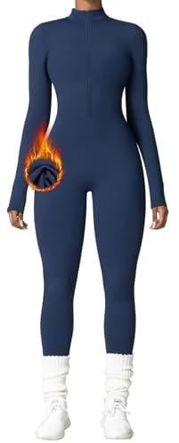 OEAK Tuta Intera Donna Invernale Tuta Felpata Sportiva Aderente Maniche Lunghe Pile Elegante Cerniera Tinta Unita Yoga Palestra Ginnastica Blu M