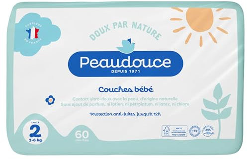 PEAUDOUCE - Paquet x60 Couches Bébé Taille 2 (3-6kg) - Ecologiques, Naturelles, Saines et Peau Douce - Fabriquées en France - Protection Anti-Fuites Jusqu'à 12 h - Non Blanchie Au Chlore
