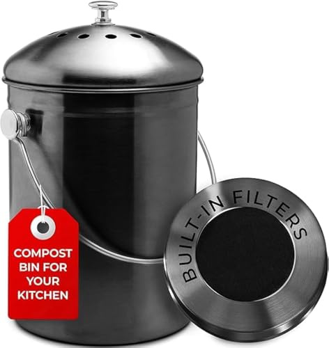 Epica Contenedor de abono para encimera de Cocina, 1.3 galones, contenedor de compostaje Inodoro con filtros de Carbono, contenedor de abono para Interiores, Tapa de Acero Inoxidable, compostador de