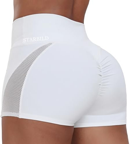 STARBILD Damen Sport Shorts mit Mesh Scrunch Butt, High Waist Leggings Kurze Push Up, Sommer Workout Hotpants für Gym Fitness Yoga, Netz - Weiß M
