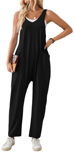 SotRong Black Jumpsuits for Women Uk Summer Casual Slouchy Playsuits Baggy Loose Overalls Sleeveless V Neck Tank Rompers with Pocket XL