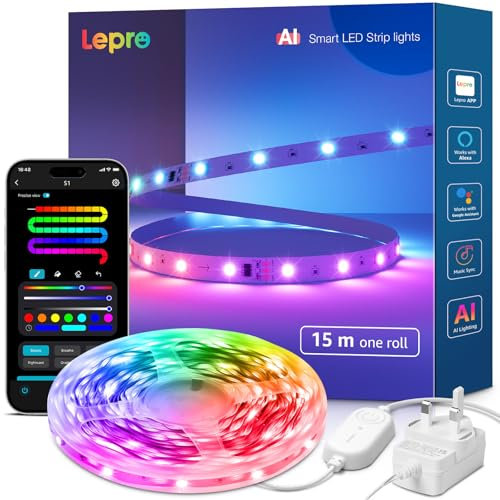 Lepro S1 AI Smart LED Strip Lights 15M RGB+IC, Works with Alexa & Google Assistant, Music Sync, Colour Changing, WiFi Bluetooth App Voice Control, Personalized AI Lighting Designer, Flexible LED Light