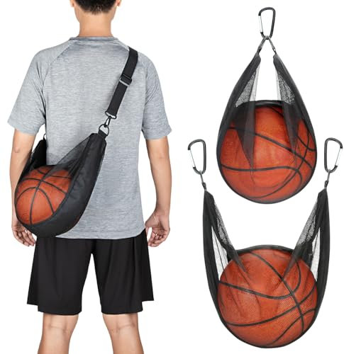 HEDUGO Single Ball Bag with Zipper Pocket Mesh Shoulder Bag with Buckle Clip Sport Equipment Storage Net for Carring Basketball Soccer Volleyball Rugby Also as Swim Beach Bag Gym Sports Crossbody Bag