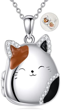 POPLYKE Katze Foto Medaillon Halskette Sterling Silber Speicher Fotohalter Katze Anhänger Kette Schmuck Geschenk für Frauen für Tierliebhaber