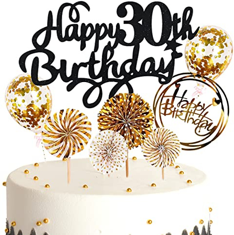 Ouceanwin Kuchendeko 30. Geburtstag Mann Frau, Glitter Tortendeko Geburtstag 30 Männer Kuchen Topper 30 Geburtstag Deko Cake Topper Happy Birthday Schwarz Gold für 30 Jahre Frau Geburtstagstorte Deko