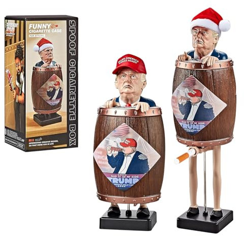 CHOICEDC Trump Funny Cigarette Case, Prank, Automatic Bounce Cigarette Dispenser, Donald Trump in Wooden Barrel Figure, Statue, Cigarette Holder Case for Party, Home Decoration, Trump Gifts for