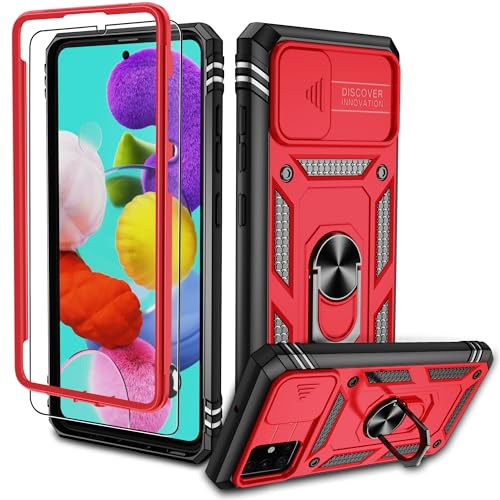Pilaru Stoßfeste Handyhülle für Samsung Galaxy A51 4G Hülle,Rot Schwarz | Mit Schutzfolie, Kameraschutz Schutzhülle, 360°Drehhalter Ring Kratzfest Militär Handy Hüllen für Samsung A51 4G Cases
