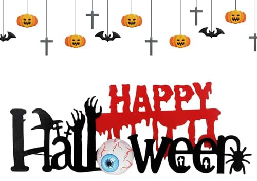 Fravsiu Cartel de mesa Happy Halloween, decoraciones con letras de Halloween,Ornamento de mesa de mano - Decoración aterradora de Halloween, cartel central para el estante de la mesa de casa
