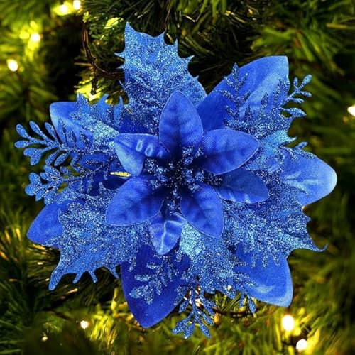 champracer 20 Stück Weihnachten Glitzer Weihnachtsstern Blumen mit Clips,Glitter Weihnachtsbaum Dekoration, Poinsettia Weihnachtsblume Glitzernde für Weihnachtsbaum Dekorationen (blau)