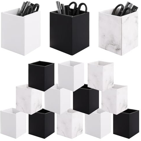 ZOFUN Lot de 15 pots à crayons carrés de 10,5 x 8 cm, blanc/noir/marbre pour bureau, bureau, rangement de papeterie