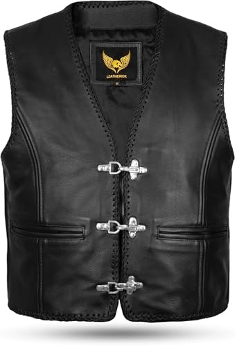 Leatherick Schwarze Motorradweste aus echtem Leder | Geflochtene Bikerweste mit Angelhakenschnalle