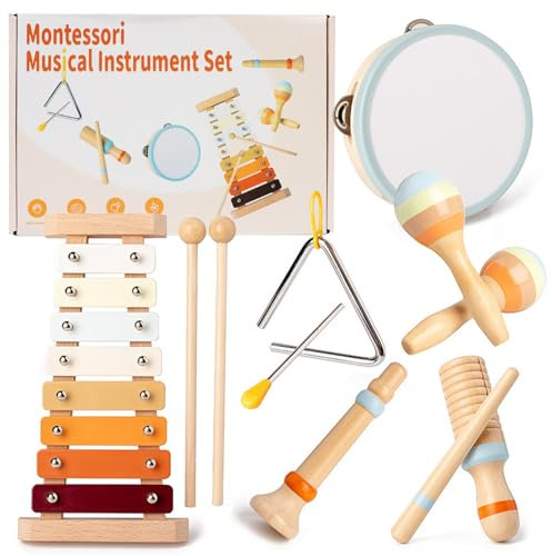 PRZRAO Musikinstrumente für Babys, Schlaginstrumentenset aus Holz, Xylophone für Toddler, Musikinstrumente für Kinder ab 1 Jahr, Instrumente Kinder, Holz Montessori-Musikspielzeug für Babys
