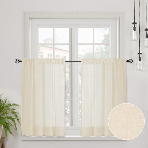 CUCRAF Echte Leinen Scheibengardine Bistrogardine Küchengardinen H 45 x B 60 Natur Halb Transparent Stores Gardinen Fenster Gardinen Gardinenschal