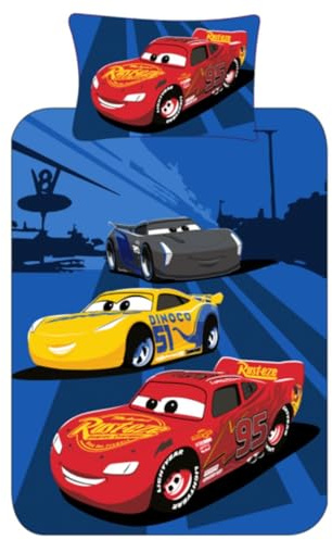 Disney Cars Lightning McQueen Bettwäsche-Set für Einzelbett, offizielles Lizenzprodukt, wendbar, weicher und strapazierfähiger blauer Bezug, inklusive Kissenbezug