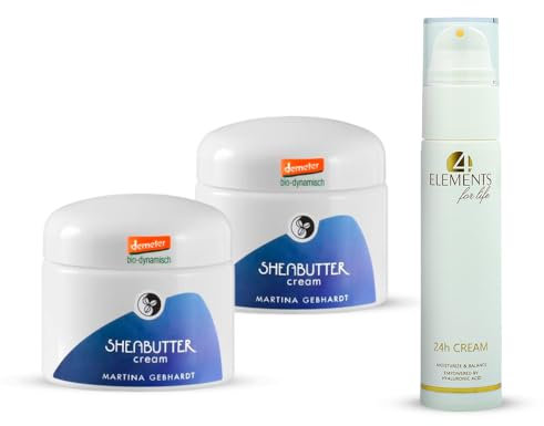 Martina Gebhardt Naturkosmetik SHEABUTTER Cream x2 and 24h Cream from 4 elements for life. Active certified natural cosmetic.