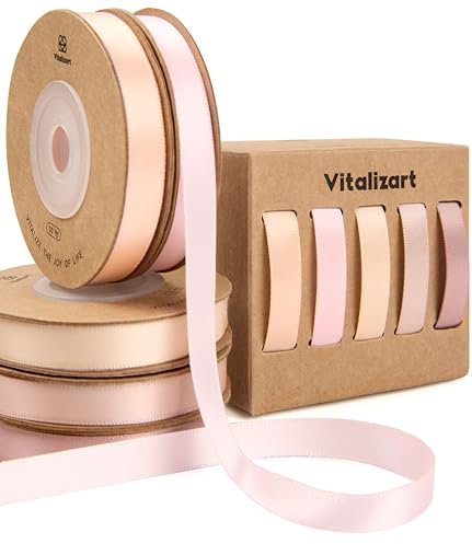 Vitalizart Nastro di Raso Serie Rosa per l'Artigianato 0,95 cm x 45,7 m (5 Rotoli * 9,14 m), Nastro in Tessuto Bifacciale Rosa & Nudo per Confezioni Regalo, Bouquet da Sposa & Decorazioni per Feste