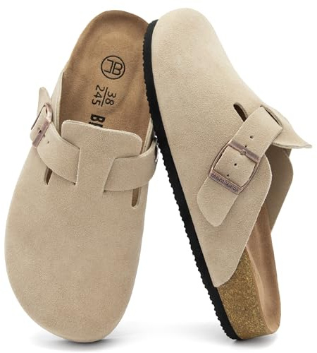 Brelzo Calvior Women's Suede Clogs Men's Slip-On Mules Non-Slip Potato Shoes Arch Support Sandals with Adjustable Buckle for Indoor & Outdoor Use Tan