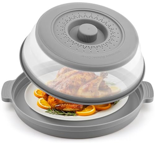 Microwave Splatter Cover with Steam Function, 26.7 cm, Magnetic Base Mat, BPA-Free Collapsible Lid (Grey)