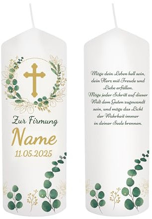 Vela confirmación eucalipto verde cruz individual nombre y fecha complementario como decoración de mesa. Decoración de mesa como regalo. Tiempo de combustión: 30 horas, diámetro 6,8 x altura 15 cm