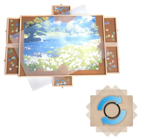 Drehbares Puzzle Board mit Schubladen & Abdeckplatte – Puzzletisch für 1000 Teile, 360° rotierbar, Rutschfester Filz, Sortierfächer, stabiles Holzbrett zum Puzzeln