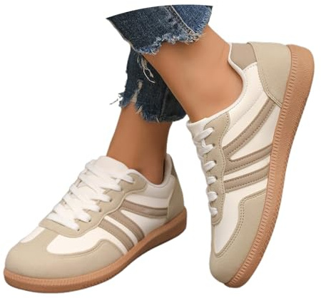 Generisch Damen Sneaker Weite h Bequeme braun Silber Low top, Sneaker Damen Retro Style - Tennis Und Skateboarden Klassische Gummisohle - Modische rutschfeste Freizeit Skate-Schuhe Beige 38