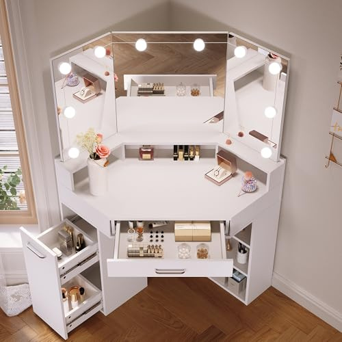 SONNI Große Schminktisch mit 3-farbigem LED-Spiegel, 110x54x141.5cm, Weiß | Kosmetiktisch mit Dreifachspiegel, Großer Schublade, Auszugsschrank & Regalen, Frisierkommode für Schlafzimmer, Wohnung, Loft