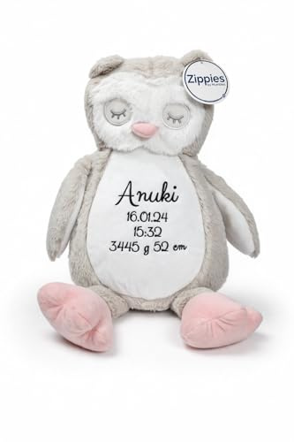 Generisch Personalisierte Eule Kuscheltier 40 cm – Plüschtier mit Wunschtext – Geschenk zur Geburt, Taufe, Geburtstag – mit Reißverschluss & herausnehmbarem Innenleben (Beige - Eule, L)