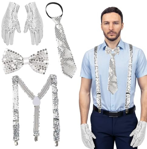 YCICHE 4 Stück Glitzer Outfit Herren, Disco Kostüm, Silvester Kostüm Accessories, mit Pailletten Hosenträger, Fliege, krawatte, Handschuhe, für Neujahr Silvester Karneval Fasching Mottoparty Jga
