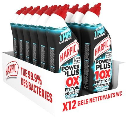 Harpic Gel WC Power Plus nettoyant surpuissant taches tenaces - nettoyant WC antibactérien - efficace sans brosse - lot de 12