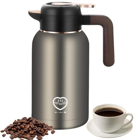 Pichet Isotherme 2L, Thermos en Acier Inoxydable 304, Maintenir au Chaud/au Froid, Bouteille isotherme pour Café, Poignée en Imitation Bois, pour le café, thé, jus de fruits