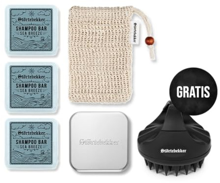 Störtebekker® Premium Duschset - Festes Shampoo Sea Breeze (x3), Sisalsäckchen, Seifendose Aluminium + GRATIS Scalp Brush - Shampoo Set für Haare & Kopfhaut - Handgefertigt