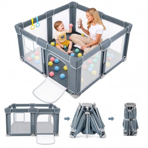 Dripex Faltbar Laufstall Baby mit Matratze,Laufgitter Für Baby und Toddlers | 20-Sekunden-Faltbar, Sicherheit: gepolsterte Ecken & Geländer, Bälle & Zugringen, Grau, 130x130x68 cm, ideal für Reisen