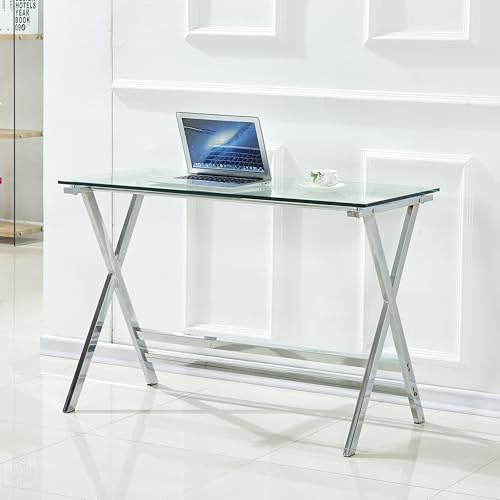 Generisch Mesa de ordenador de cristal 110 x 55 x 76 cm, escritorio de vidrio templado transparente con bordes redondeados, mesa multifuncional para ordenador portátil, mesa de sofá para trabajo