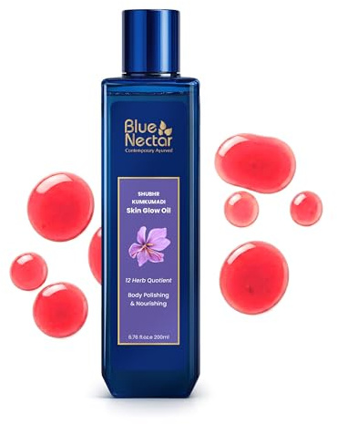 Blue Nectar Kumkumadi Körperöl für strahlende Haut | Ayurvedisches | Pflegendes After Shower Oil | Körpermassageöl für Frauen trockene Haut | Süßmandelöl für Hydratisierung (12 Kräuter, 200 ml)