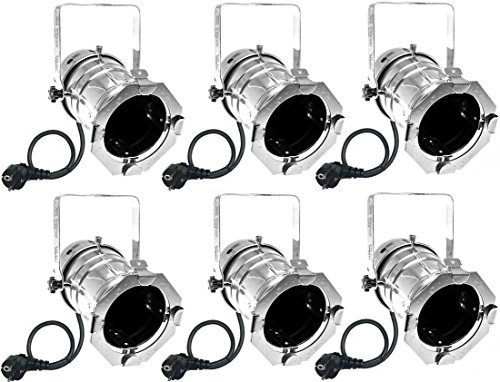 Varytec 1248-6 x PAR 30 Spot-Light Scheinwerfer SILBER polish PAR-30 mit E-27 Fassung & Kabel mit Schuko-Stecker