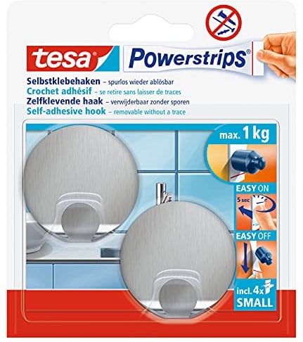 tesa Powerstrips Haken Small Metall RUND - Selbstklebender Wandhaken für Glas, Kacheln, Holz, Kunststoff und andere Untergründe - Metall