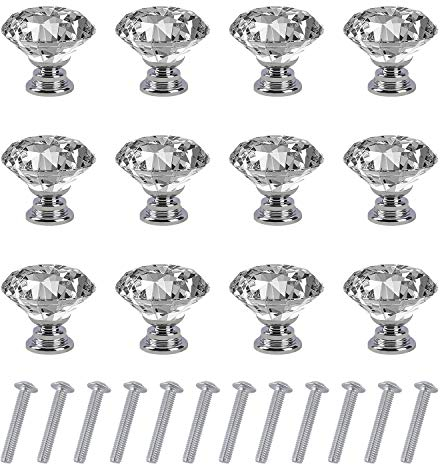 Crystal Handles Clear Glass Door Knobs Diamond Shape Pull Handle with Screws for Cabinet Wardrobe Drawer Cupboard 12 Pieces 30mm