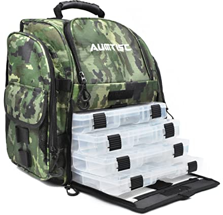 AUMTISC Zaino da pesca Borsa multiuso con copertura antipioggia protettiva Include 4 scatole per attrezzatura mimetico