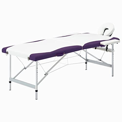 vidaXL Table de Massage Pliable Lit de Massage Banc Canapé Thérapie Cosmétique Portable Professionnel Shiatsu Reiki 2 Zones Aluminium Blanc et Violet