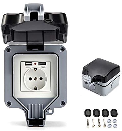 Enchufe Impermeable Exterior IP66 con USB para Pared, Toma Exterior con Tapa Abatible para Jardines al Aire Libre y Garajes (Única)