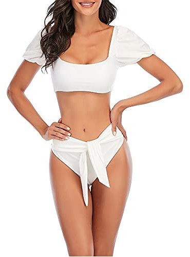 Women High Waisted 2 Piece Swimsuits Puff sleeve Top with Bikini Bottom Strappy Lace Up Bikini Sets, White, Medium