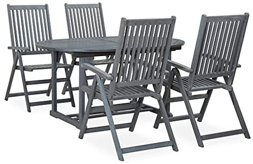 5-TLG Bistro-Lounge-Set mit Ausziehbarer Tisch und 4 Klappstuhl, Garten-Essgruppe, Terrasseparty, 5-Fach Verstellbaren Rückenlehnen, Massivholz Akazie, Witterungsbeständig