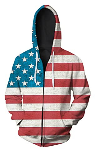 oneforus Herren American Flag Zip Up Sweatshirt USA Stars and Stripes Verblasste Flaggendruck Zipper Hoodies Pullover mit Taschen