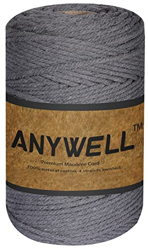 ANYWELL 3-6mm Dunkelgrau Makramee Garn 4mm x 218yards, Baumwollgarn Naturliches Baumwollkordel Baumwolle Garn Basteln für DIY Handwerk Basteln Wand Aufhängung Pflanze Aufhänger