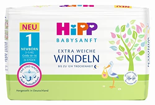 HiPP Extra Weiche Premium Windeln 1, Newborn 2-5 kg, 72 Stück (3 Packungen mit 24), mit 3-fach Auslaufschutz und Duo Hautschutz