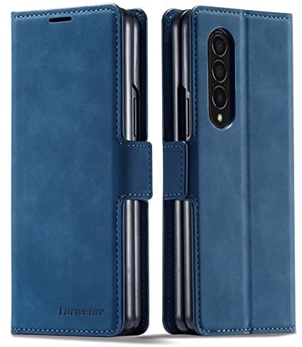 EYZUTAK Hülle für Samsung Galaxy Z Fold 4 5G, Magnetverschluss Premium PU Leder Flip Case mit Kartenfächern Brieftasche Standfuntion stoßfeste Silikonhülle Retro Ledertasche -Blau