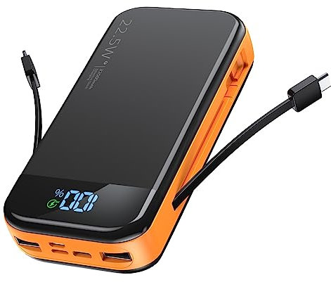 Portable Charger 32000mAh, 22.5W QC 3.0 PD 20W Smart LED Display Fast Charging Built in Cables Power Bank, External Battery Pack Charge 5 Devices Compatible with Cellphones (Orange)