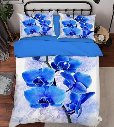 Bettwäsche 135x200 Orchidee Blau, 3D Orchidee Blau Bettwäsche-Sets Winter Weich Kuschelige Mikrofaser Bettwaren 1 x Bettbezug mit 2 x Kissenbezug 80x80 cm mit Reißveschluss