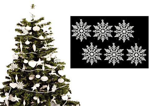 Simply Products Pack of 6-10cm Glitter Hanging Decoration, Snowflakes Christmas Tree Decorations (White)